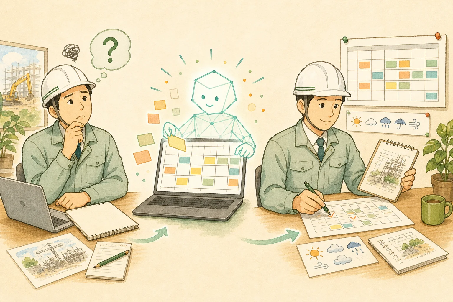 現場担当者が工程表に悩み、AIに予定を整理してもらい、最後に天候や現場条件を確認する3段階のイラスト